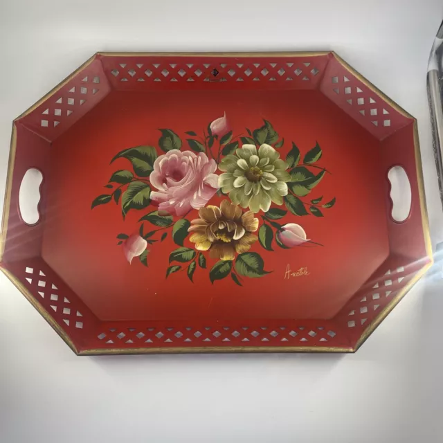 Vintage Nashco Hand Painted Floral Serving Tray Toleware Holiday Red