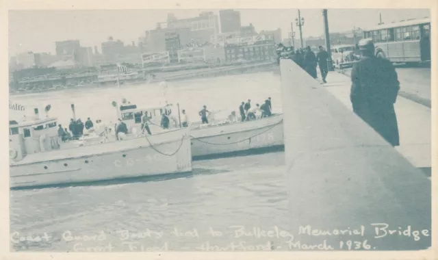 HARTFORD CT - 1936 Flood Coast Guard Boats Tied To Bulkeley Memorial Bridge