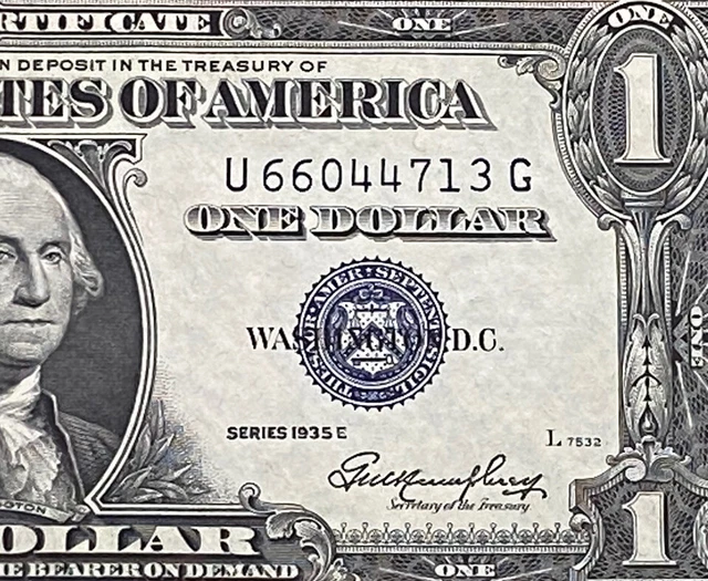 $1 1935-E ( U-G Block )  BLUE SEAL SILVER CERTIFICATE CU.