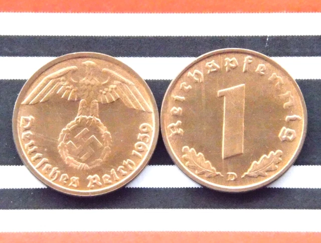 GERMAN Coin 1939 D 1 REICHSPFENNIG SWASTIKA COPPER 3rd WW2 + UNC + +RARE Pfennig