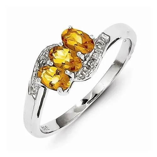 Sterling Silver Polished 3 Stone Citrine With Diamond Accents Ring  - Size 6