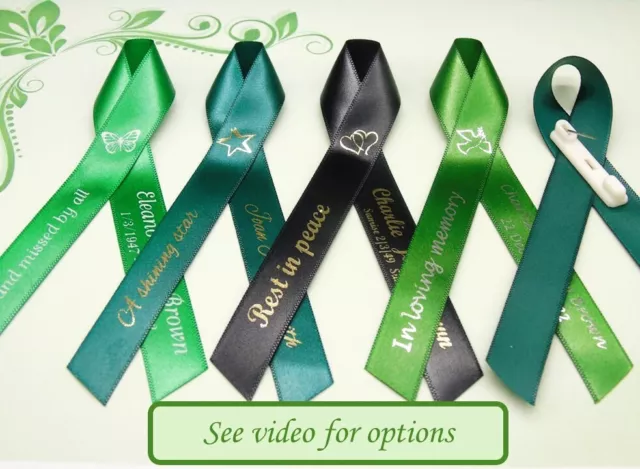 Green personalised memorial  / funeral / sympathy ribbon / pin, ready to wear