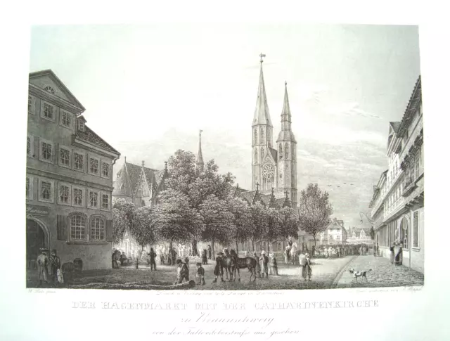 Braunschweig Hagenmarkt Katharinenkirche  seltener echter  alter Stahlstich 1840