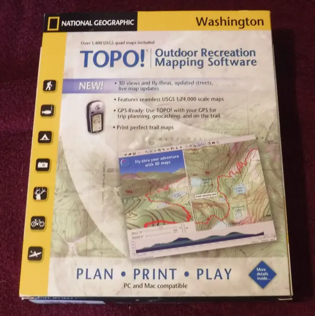 National Geographic TOPO Outdoor Recreation Map CD Rom Software WASHINGTON v4.2