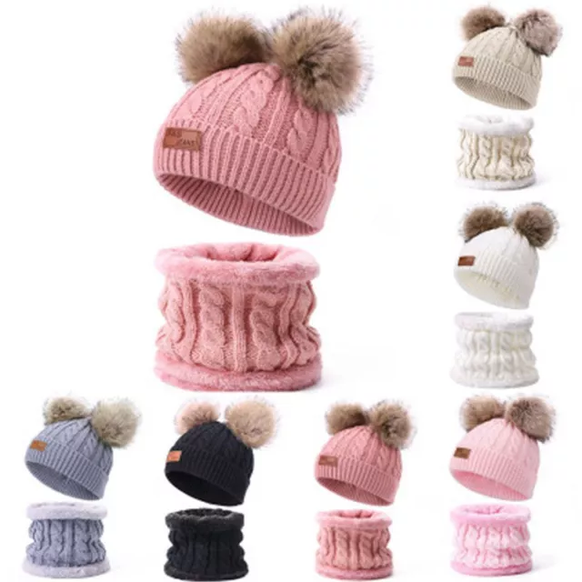 Outdoor Knitted Crochet Fake Ball Beanie Cap Children Hats Kids Hat Scarf Set