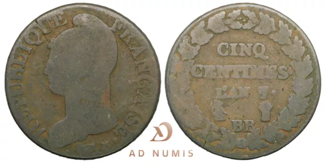 France 5 centimes An 7 BB Dupré cuivre pièce de monnaie révolution française