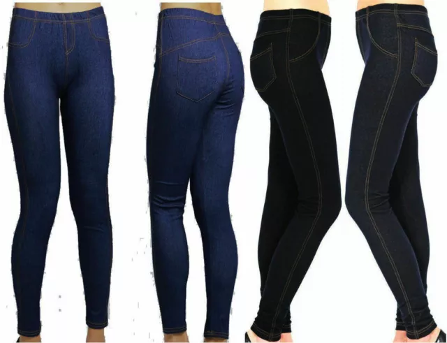 Ladies Womens Stretchy Denim Look Skinny Jeggings Leggings Plus Size 8-34 UK NEW