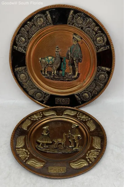 Set Of 2 Peruvian Peru Brass And Cooper Hand Painted Souvenir Wall Hanging Plate