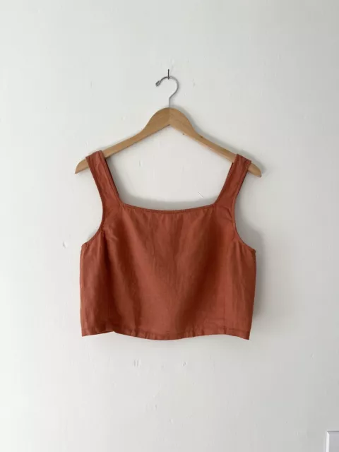 Lou & Grey NWT M Linen Cropped Tank Top Square Neck Smocked Rust Sleeveless