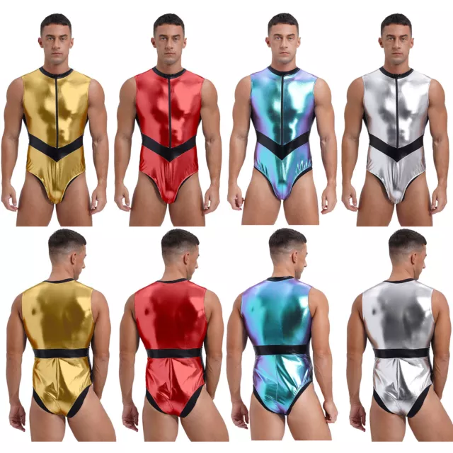 Mens Bodysuit Festival Leotard Color Block Spaceman Sexy Jumpsuit Zipper Shiny