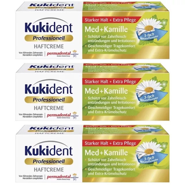 ✅ Kukident Professionell Haftcreme 3 x 40g Med + Kamille - Extra Pflege ✅