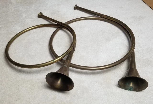 Vintage Brass French Hunting Horns  20" & 23"  Patina Holiday or Wall/Door Decor