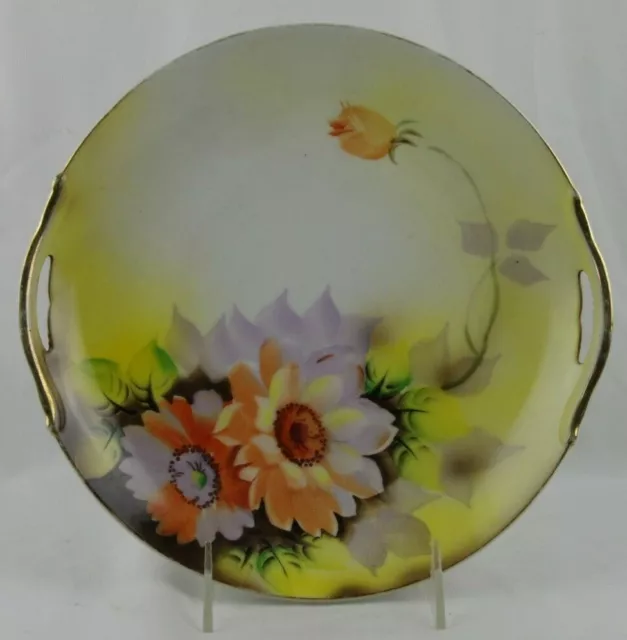 Noritake Two Handled Cake Plate Hand Painted Flowers Gold Trim