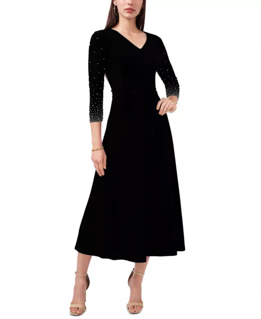 MSK Jersey Dress Size PXL Petite Black Beaded Sleeve Midi A-Line V-Neck NWT $89
