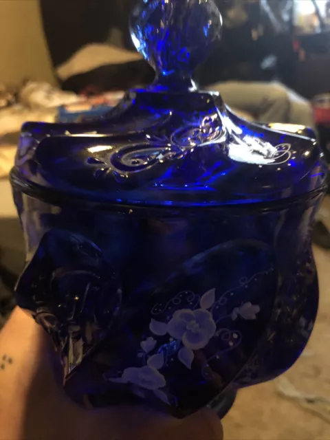 FENTON CANDY DISH PAISLEY Blue Royale WHITE ELIZABETH ROSE Hand Painted SIGNED