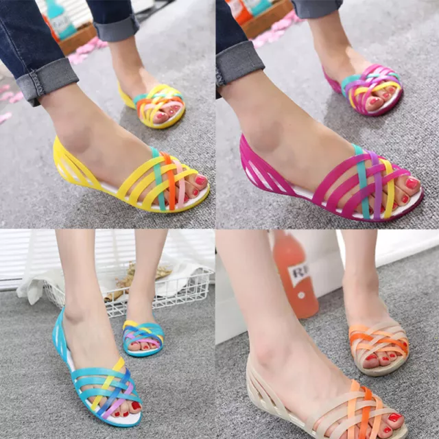 WOMEN COMFORTABLE OPEN Toe Plastic Flat Ladies Rainbow Jelly Sandals Beach  Shoes £12.74 - PicClick UK