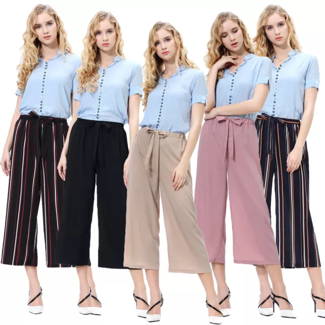 Fashion Womens Summer Casual High Waist Wide Leg Culottes Trousers Loose Pants