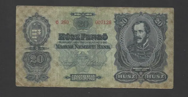 20 Pengo Vg-Fine  Banknote From Hungary 1930  Pick-97