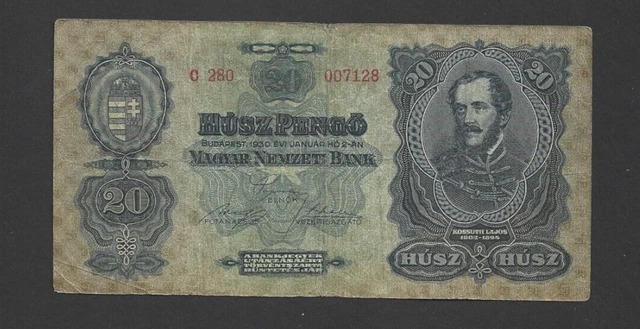 20 Pengo Vg-Fine  Banknote From Hungary 1930  Pick-97