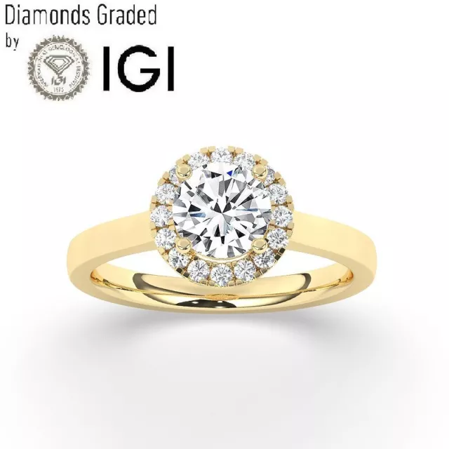 18K Yellow Gold,IGI, F/VS1, 2.20 ct Lab-Grown Round Diamond Halo Engagement Ring