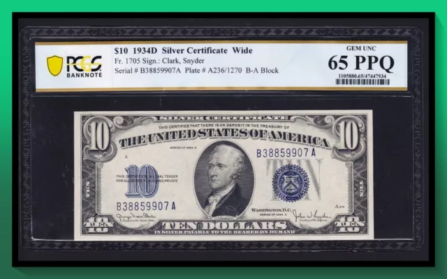Fr. 1705 1934D $10 Silver Certificate PCGS 65 PPQ GEM UNC