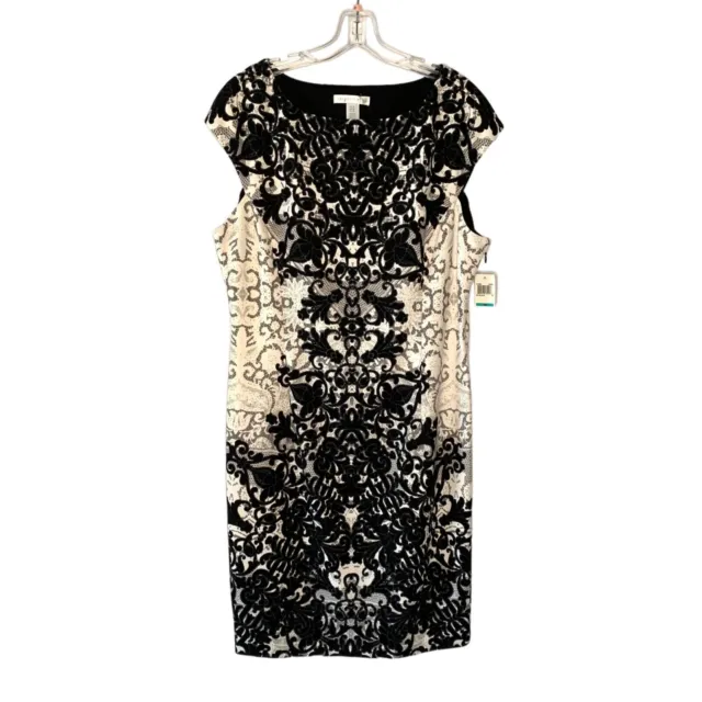 LONDON TIMES Black + White Filigree-Print Crepe Cap-Sleeve Sheath Dress Size 16