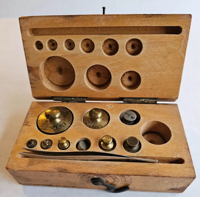 Antique Metric Laboratory Apothecary Scale Weight Set Wood Case 10 Pieces