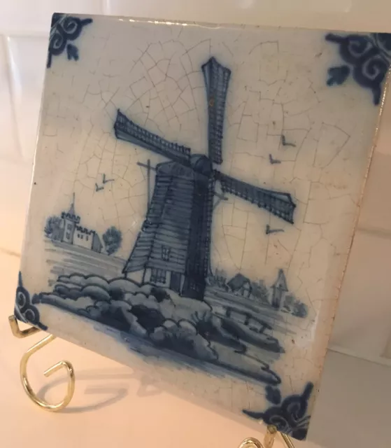 Vintage Antique Belgium Holland Blue Delft Wind Mill Tile 5"