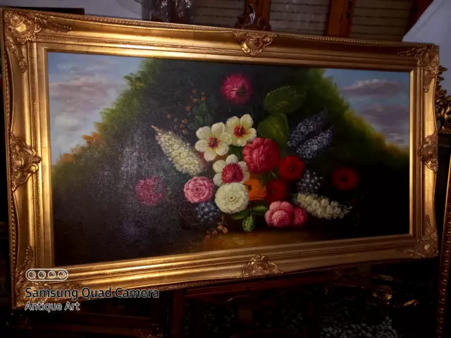 Dipinto Olio Su Tela"Natura Morta"Cornice In Legno A Foglia Oro 140X80