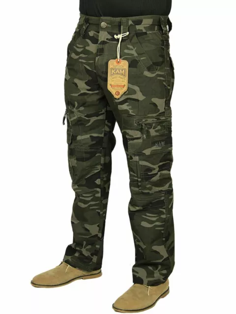 Kam Mens Cargo Combat Trousers Relaxed Fit Camouflage Hiking Casual Working Pant 3