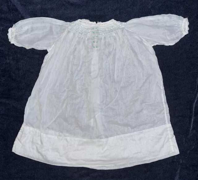 VTG Infant Baby Doll Dress Cotton Smocked Neck Embroidered Cap Sleeve White Blue