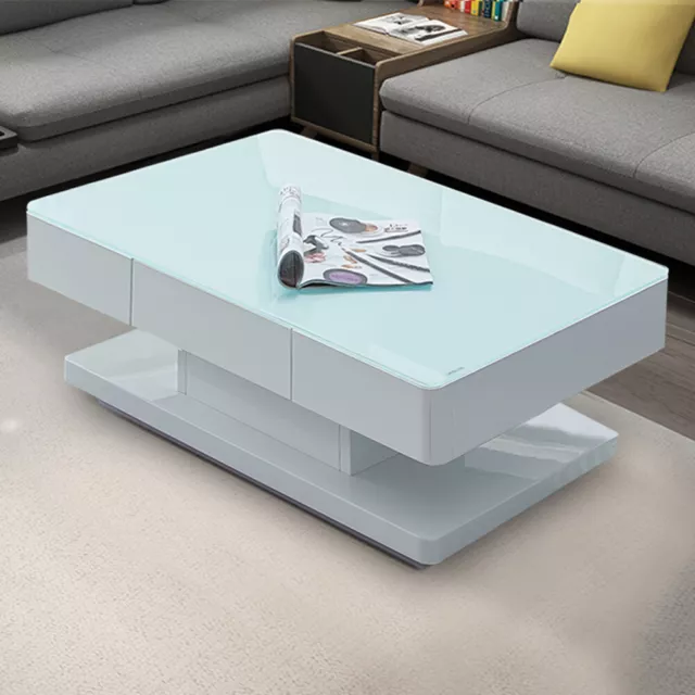 White High Gloss Glass Coffee Table Rectangular Living Room Modern Storage MDF 3