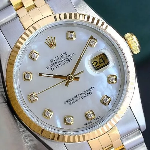 Rolex Mens Datejust 18K Gold Stainless Steel White Diamond Dial 36Mm Watch 16233