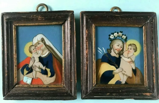 2x Hinterglasbild Maria Hilf u. Joseph Jesus Christus org.Rahmen Seehausen ~1840