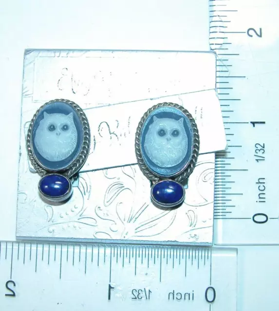 AMY KAHN RUSSELL Etched Cameo Cat Lapis Post or Clip Sterling Silver Earring