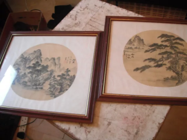 2 vintage stamped Chinese landscape paintings