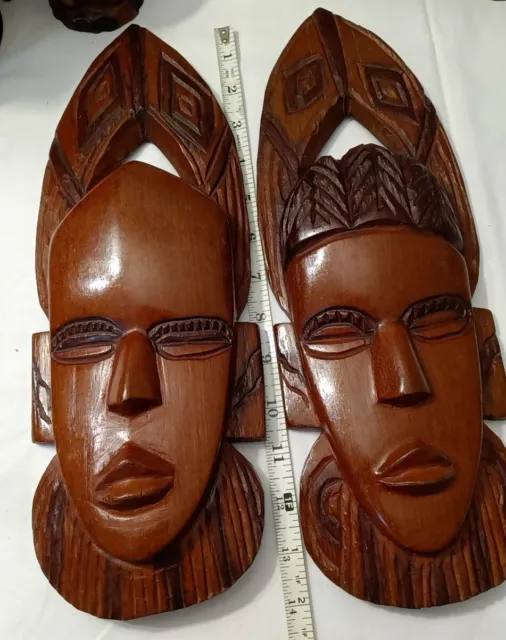 Hand Carved Wood African Male & Female Head Hanging Wall Decor 14.5"