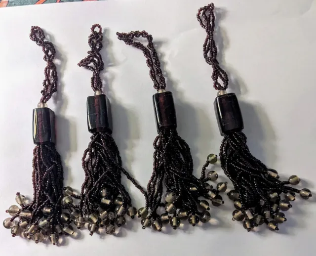 Set Of 4 Antique Vintage Black Handmade Seed Bead Beaded Tassels