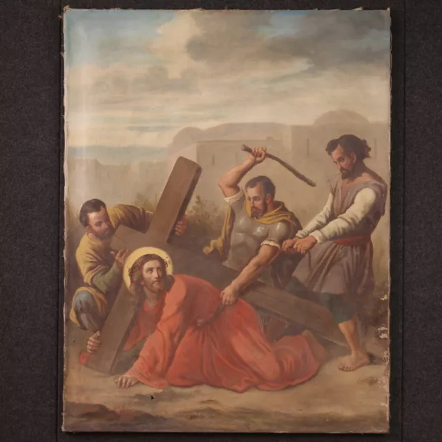 Via Crucis pintura religiosa cuadro antiguo óleo sobre lienzo Cristo siglo XIX