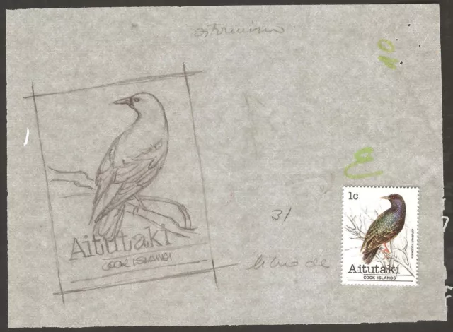 AITUTAKI COOK ISLANDS 1981 PRELIMINARY ARTWORK BIRDS 1c STURNUS Sc #215 FAUNA