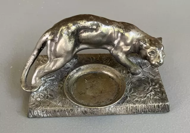 MCM Vintage Silver Tone Metal Panther Cougar Cat Figurine Sculpture Trinket Dish