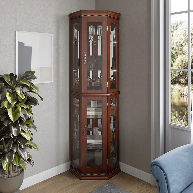 Corner Curio Cabinet Lighted Wooden Display Tempered Glass 2 Sections 6 Shelves Corner Curio Cabinet Lighted Wooden Display Tempered Glass 2 Sections 6 Shelves