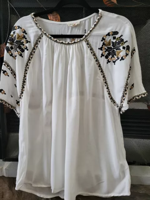 Women's Blouse Top Embroidered Cream Brown Peasant Boho Casual Sz L With Love