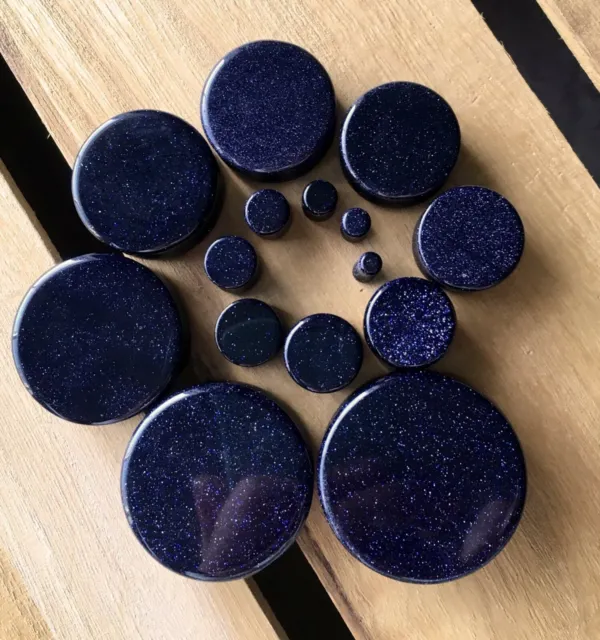 PAIR Blue Midnight Goldstone Stone Plugs Sandstone Gauges - up to 38mm available
