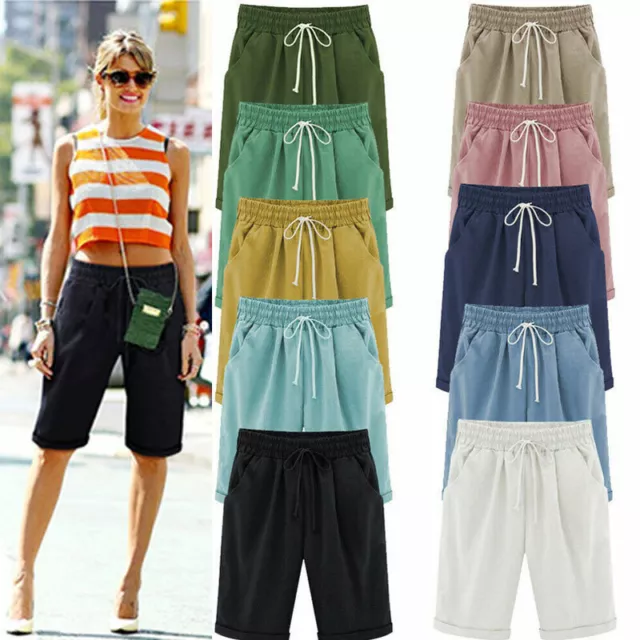 UK Womens Summer Cotton Linen Baggy Shorts Ladies Comfy Casual Knee Length Pants