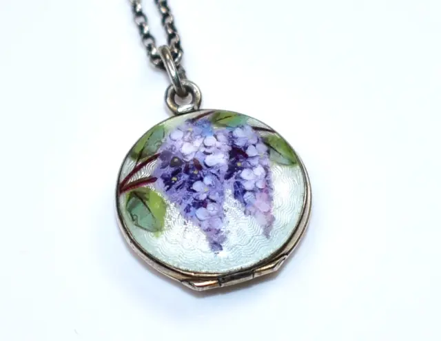 Antique **SUFFRAGETTE** Sterling ENAMEL GUILLOCHE Lilac Flowers LOCKET Necklace