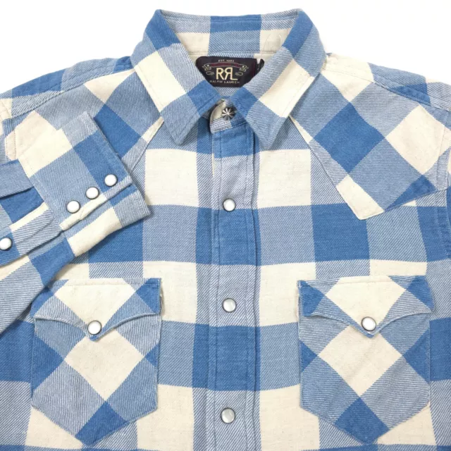 $225 RRL Ralph Lauren Blue Plaid Twill Flannel Western Shirt Mens Size Medium