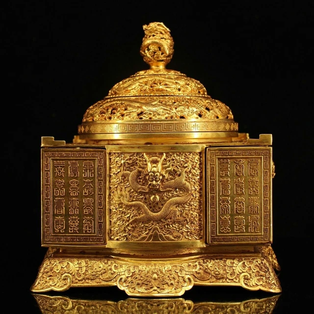 Chinese Bronze 24k Gold Gilt Dragon Beast Head Incense Burner Censer Statue 501