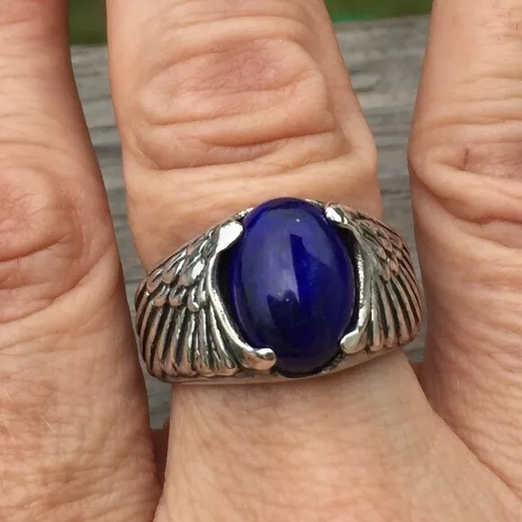 Eagle Wing Ring .925 Sterling Silver Size 9 Wide w/ Genuine Blue Lapis Lazuli 3