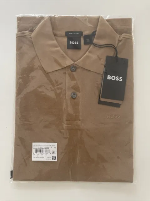 HUGO BOSS Firenze Polo Shirt Modern Fit 100% Pima Cotton Tan / Brown Mens SMALL